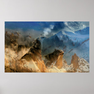 Póster Espíritus de lobo en la niebla de montaña