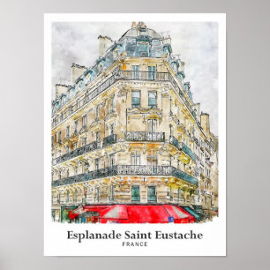 Póster Esplanade Saint Eustache Francia Travel Watercolor