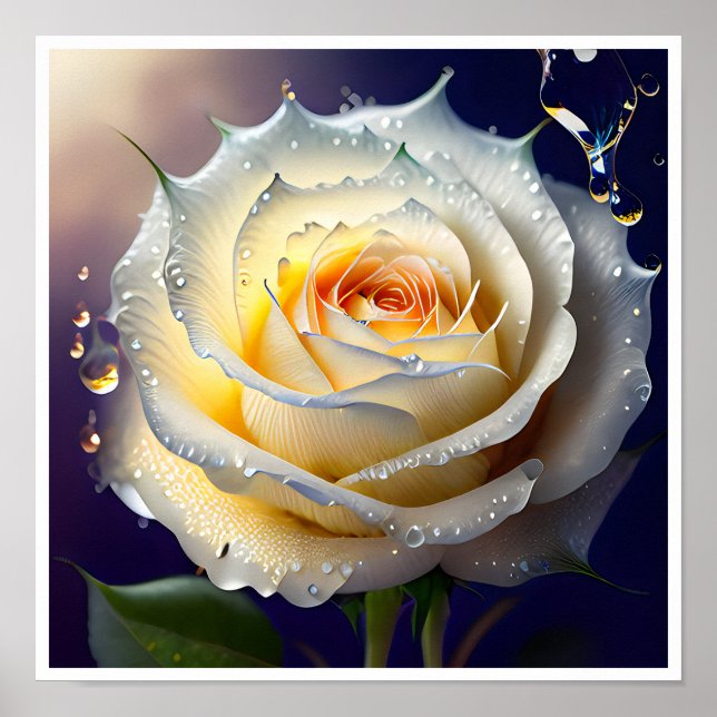 Póster Esplando agua en una rosa blanca (Frente)