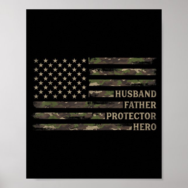 Póster Esposo Padre Protector Héroe Camuflaje Bandera EEU (Frente)