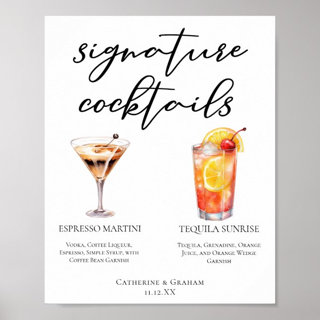 Póster Espresso Martini Tequila Sunrise Cocktails Menú (Frente)