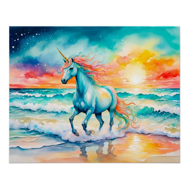 Póster Espumoso Galloping De Unicornio Azul En La Costa O (Anverso)