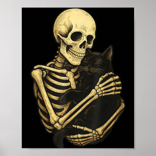 Póster Esqueleto abrazando gato negro divertido Halloween