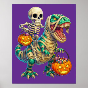 Póster Esqueleto Caprichoso Montando T-Rex Momia Hallowee