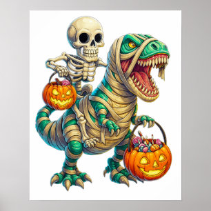 Póster Esqueleto Caprichoso Montando T-Rex Momia Hallowee