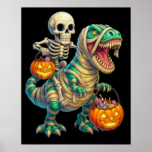 Póster Esqueleto Caprichoso Montando T-Rex Momia Hallowee