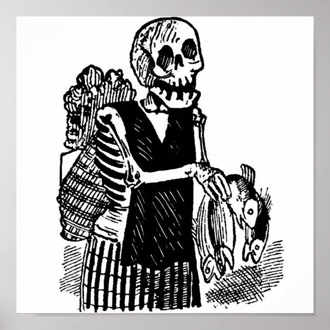 Póster "Esqueleto cargando pescado" alrededor de los prim (Frente)