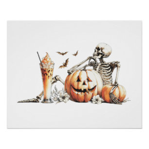 Póster Esqueleto con calabaza y bebida. Halloween.