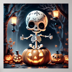Póster Esqueleto de cráneo de azúcar y calabazas