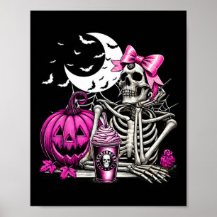 Póster Esqueleto de Halloween Café de bebida Coqueta rosa