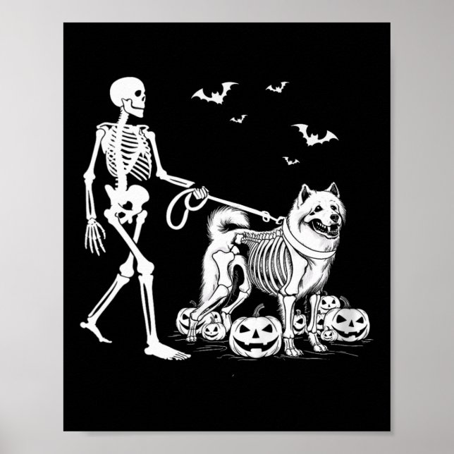 Póster Esqueleto de Halloween Caminando Perro Samoyed (Frente)