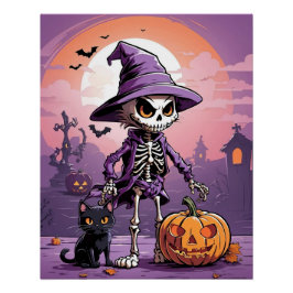 Póster esqueleto de Halloween con gato negro y calabaza