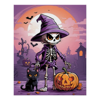 Póster esqueleto de Halloween con gato negro y calabaza