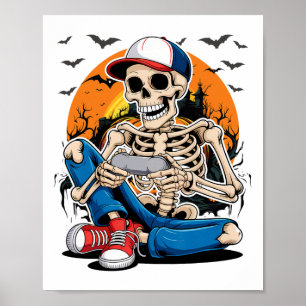 Póster Esqueleto de Halloween Jugador de Videojuegos Chic