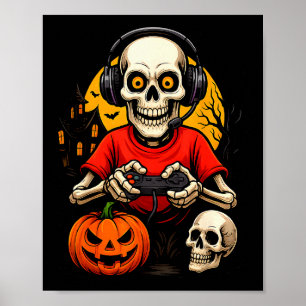 Póster Esqueleto de jugador jugando videojuegos Halloween