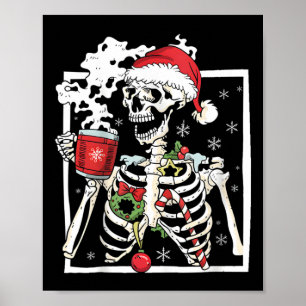 Póster Esqueleto de Navidad con cráneo sonriente bebiendo