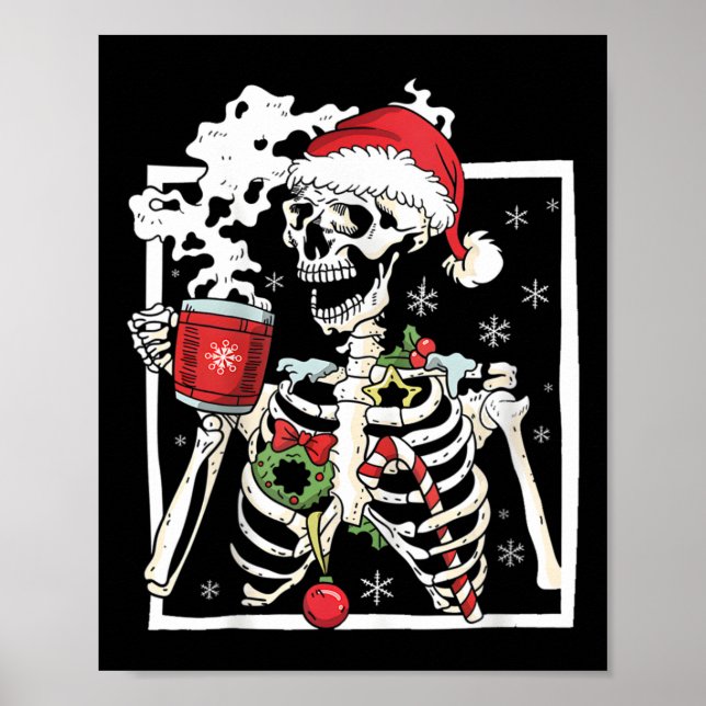 Póster Esqueleto de Navidad con cráneo sonriente bebiendo (Frente)