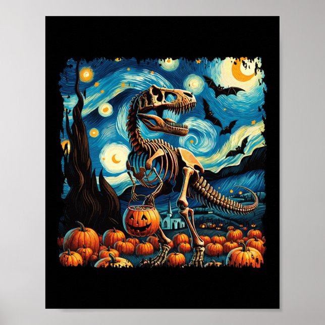 Póster Esqueleto de T-rex Halloween Van Gogh Noche estrel (Frente)
