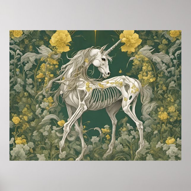 Póster Esqueleto de unicornio en las flores amarillas (Frente)