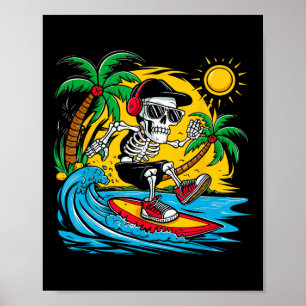 Póster Esqueleto Divertido Montando Tabla de Surf Surfand