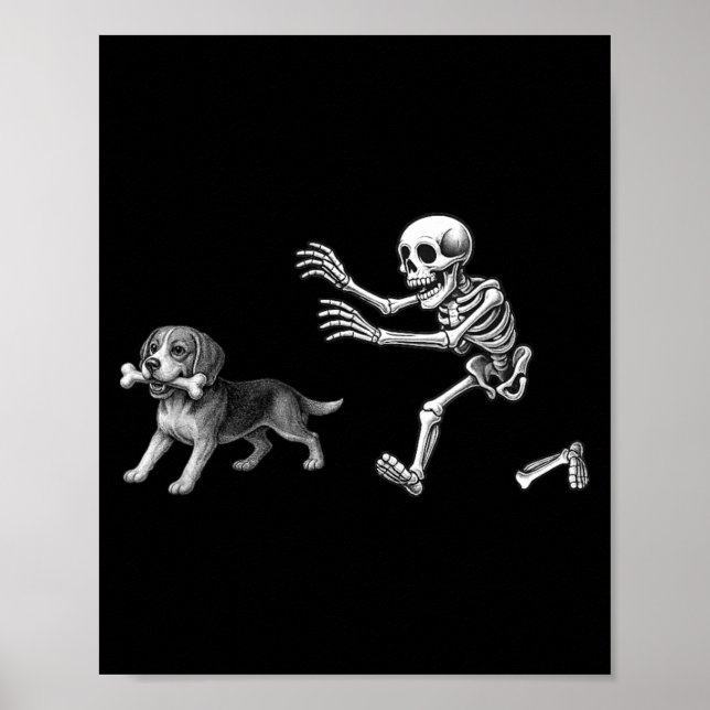 Póster Esqueleto Divertido Persiguiendo a Perro Beagle Pe (Frente)