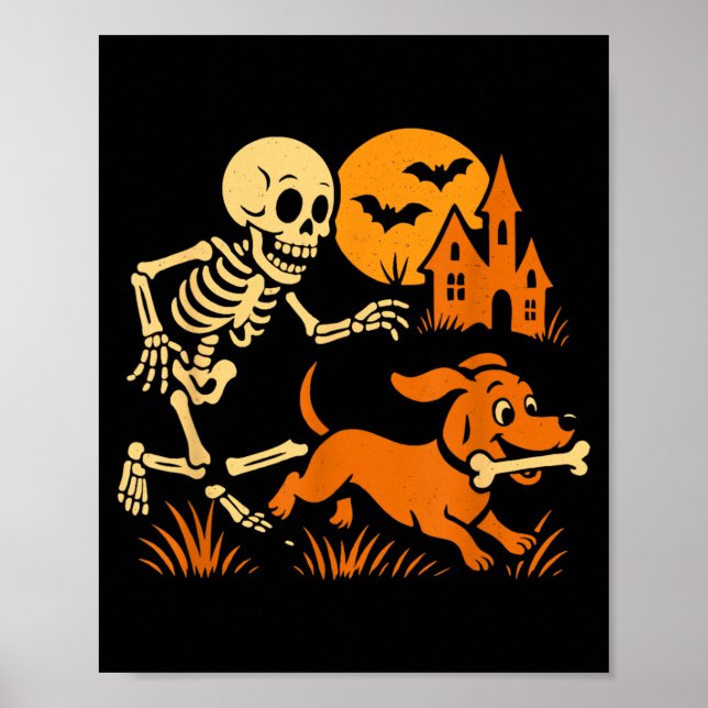 Póster Esqueleto Divertido Persiguiendo a un Perro Dachsh (Frente)