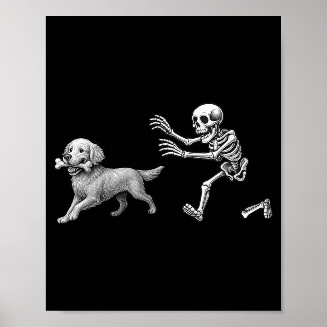 Póster Esqueleto Divertido Persiguiendo a un Retriever Do (Frente)