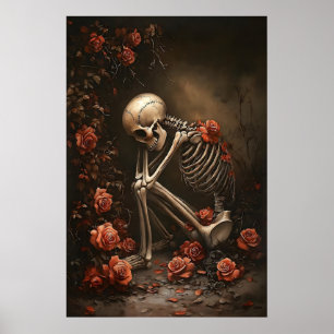 Póster Esqueleto en estampado de rosas, Halloween gótico