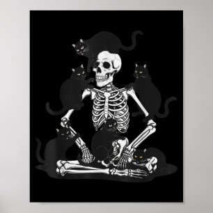Póster Esqueleto Espeluznante Con Camiseta De Gatos Negro
