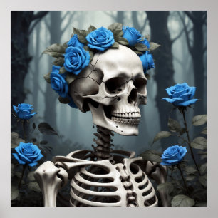 Póster Esqueleto floral de Rosas azules realistas