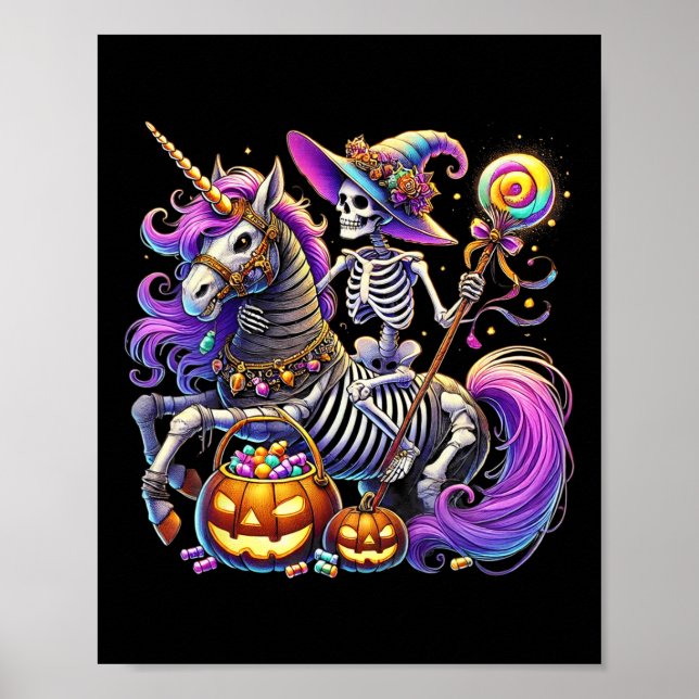 Póster Esqueleto montando disfraz de Halloween de Unicorn (Frente)
