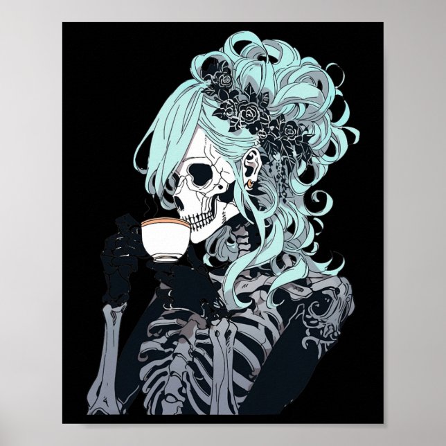 Póster Esqueleto para beber café Messy Bun Halloween Cost (Frente)