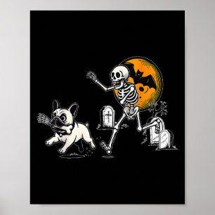 Póster Esqueleto persiguiendo a Bulldog Francés Halloween