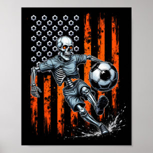 Póster Esqueleto Retro Jugando Fútbol Bandera de EE. UU.