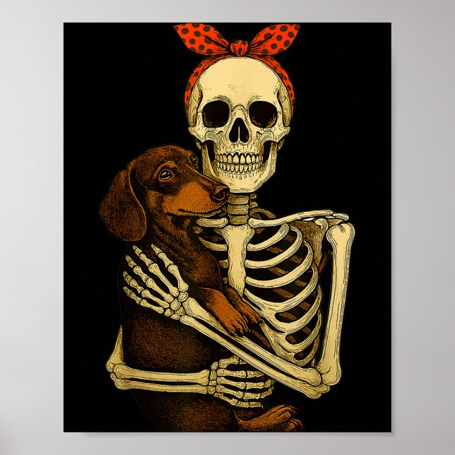 Póster Esqueleto sosteniendo perro dachshund divertido Ha (Frente)
