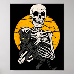 Póster Esqueleto sosteniendo un gato negro divertido gato