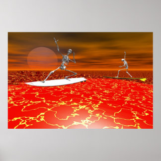 Póster esqueleto surfeando en la lava