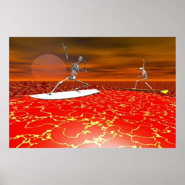 Póster esqueleto surfeando en la lava (Frente)