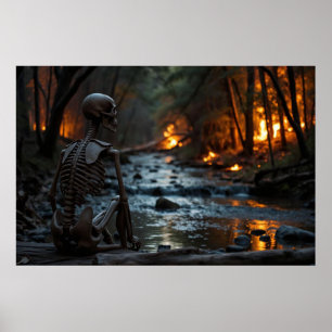 Póster Esqueleto viendo un incendio forestal por el río