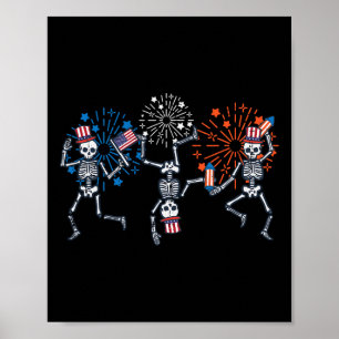Póster Esqueletos bailan fuegos artificiales patrióticos