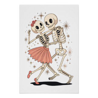 Póster Esqueletos de baile de Halloween, esqueleto retro