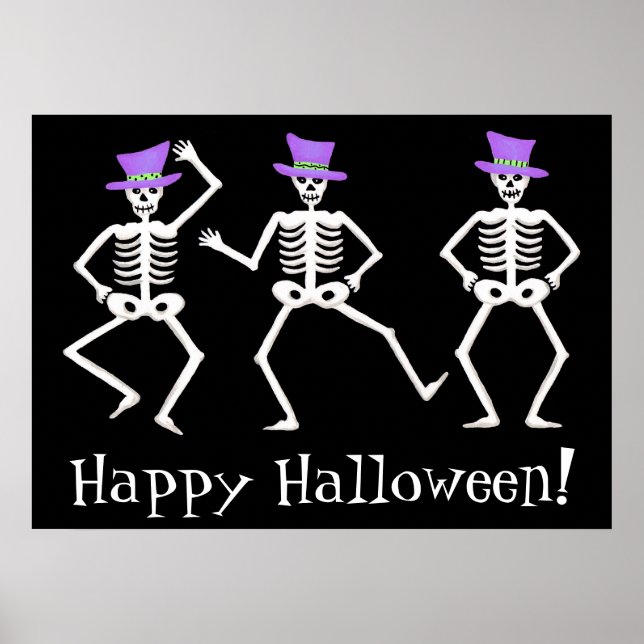 Póster Esqueletos de danza blanca negra felices Halloween (Frente)