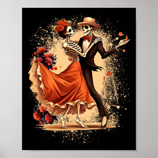 Póster Esqueletos del Día De Los Muertos bailando el Día  (Frente)