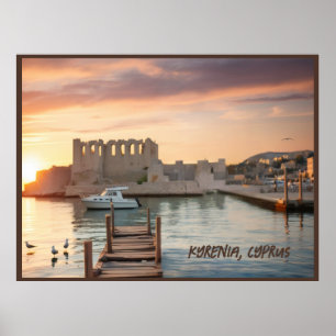 Póster Esquema acuático de la Kyrenia de Chipre con yate
