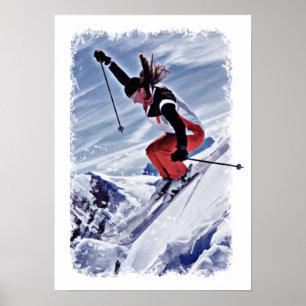 Póster Esquí abajo de la montaña en rojo