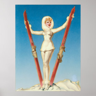 Póster Esquí Art Deco Doble Pin Arriba