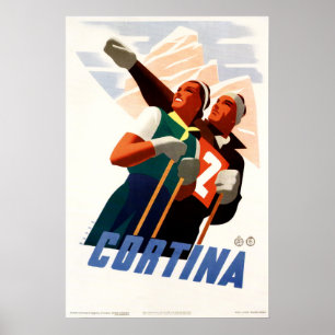 Póster Esquí de época de vacaciones de invierno CORTINA I