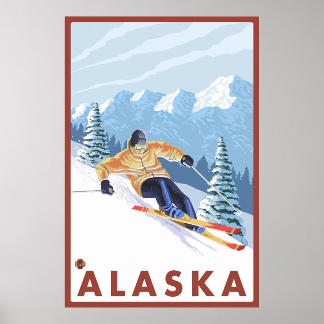 Póster Esquí de nieve cuesta abajo - Alaska (Frente)