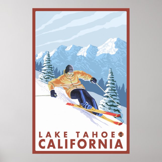 Póster Esquí de nieve cuesta abajo - Lago Tahoe, Californ (Frente)