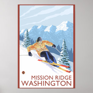 Póster Esquí de nieve cuesta abajo - Misión Ridge, Washin